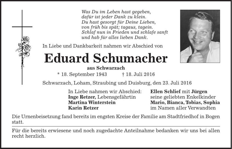 Traueranzeige Eduard Schumacher