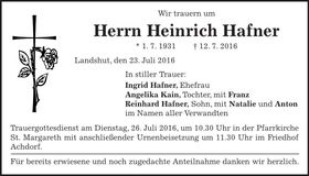 Traueranzeige Heinrich Hafner