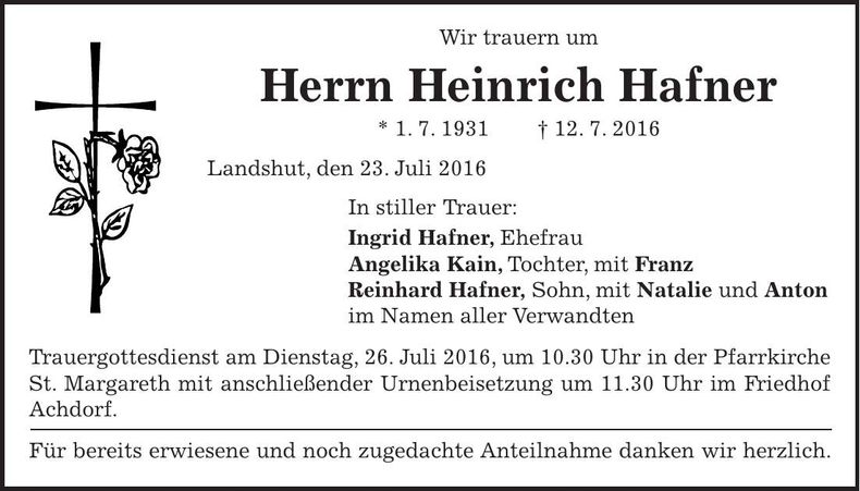Traueranzeige Heinrich Hafner