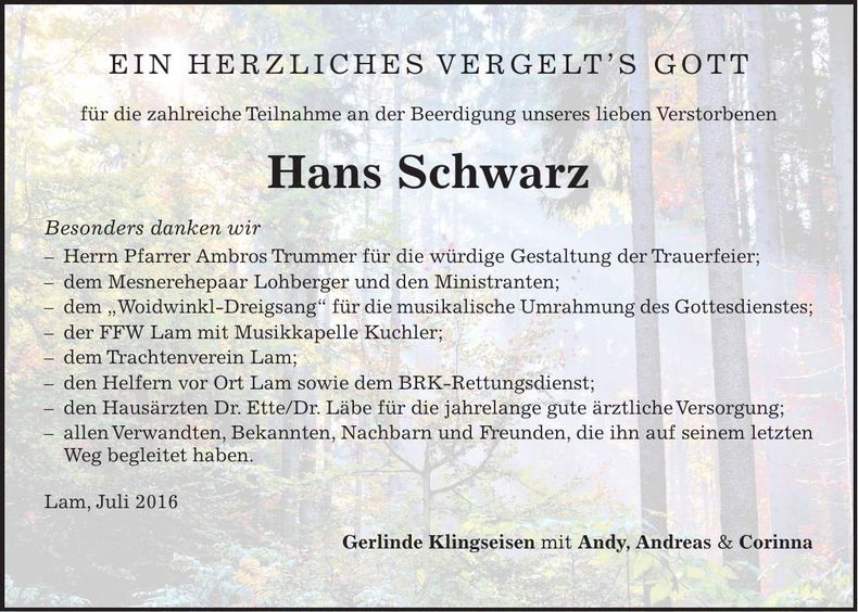 Traueranzeige Hans Schwarz
