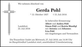 Traueranzeige Gerda Pohl