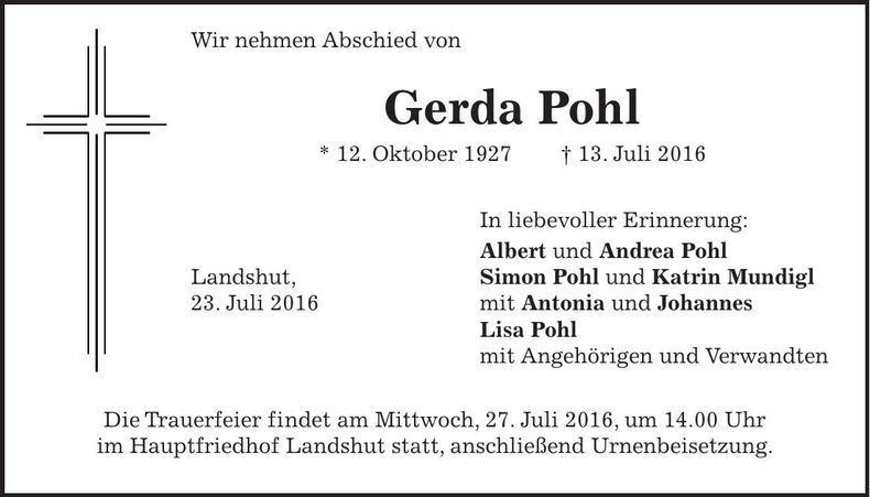 Traueranzeige Gerda Pohl