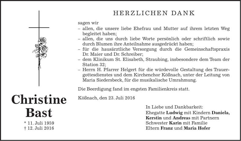 Traueranzeige Christine Bast