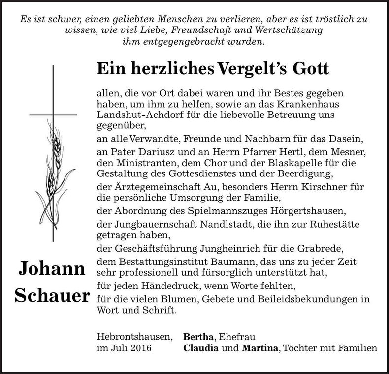 Traueranzeige Johann Schauer