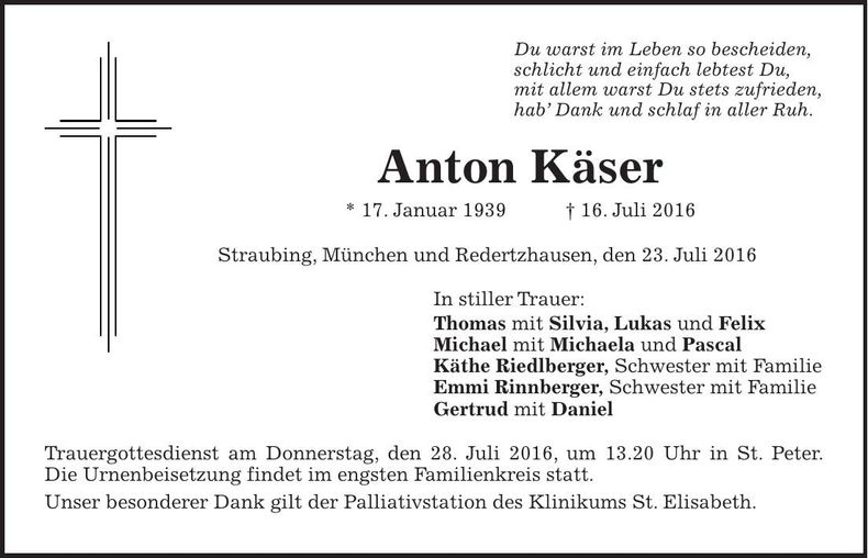 Traueranzeige Anton Käser