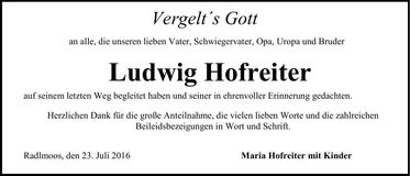 Traueranzeige Ludwig Hofreiter