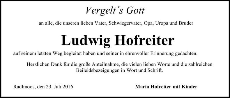 Traueranzeige Ludwig Hofreiter
