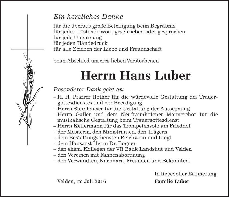 Traueranzeige Hans Luber