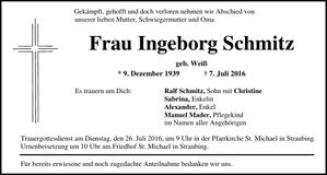 Traueranzeige Ingeborg Schmitz