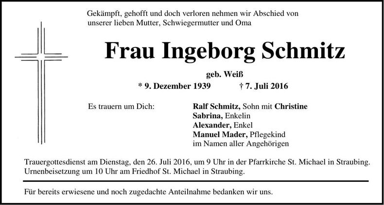 Traueranzeige Ingeborg Schmitz