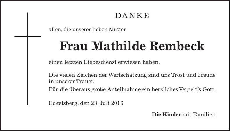 Traueranzeige Mathilde Rembeck