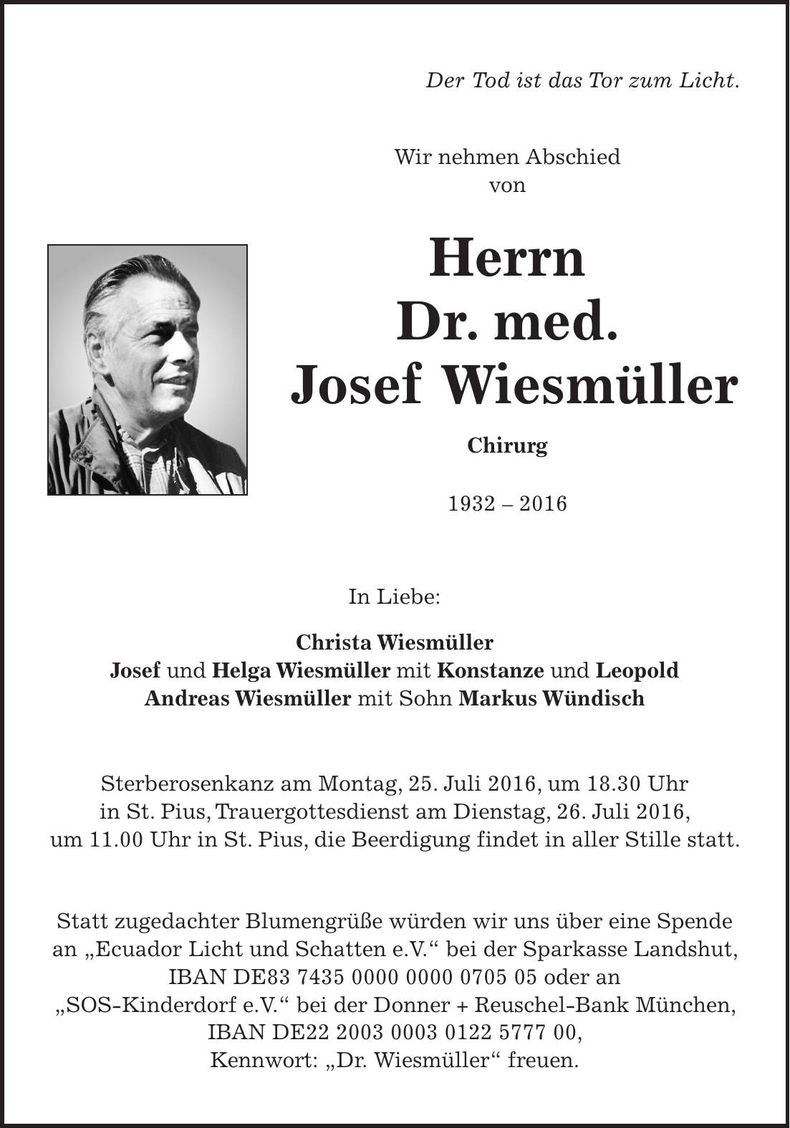 Traueranzeige Josef Wiesmüller