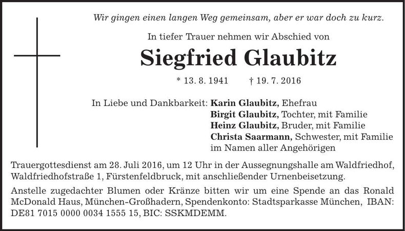 Traueranzeige Siegfried Glaubitz