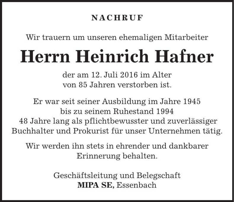 Traueranzeige Heinrich Hafner
