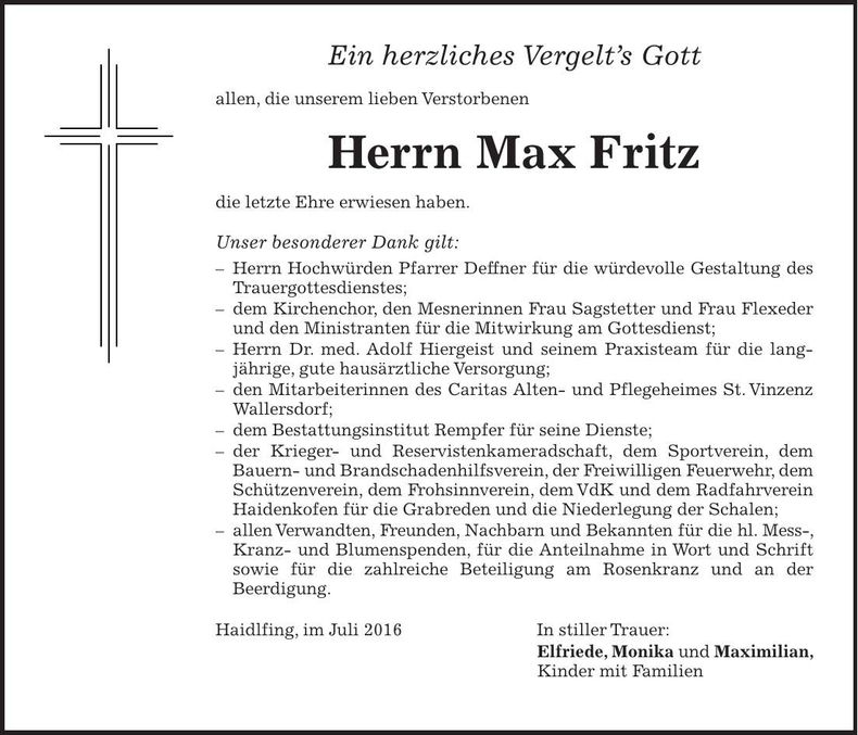 Traueranzeige Max Fritz