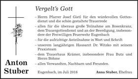 Traueranzeige Anton Stuber