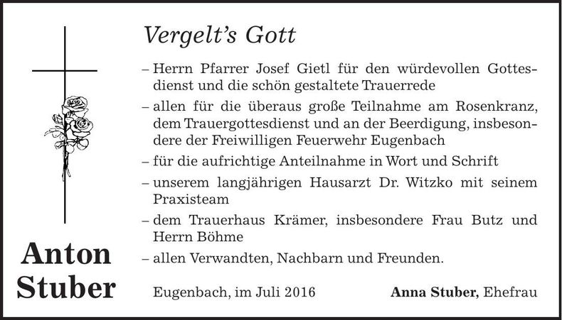 Traueranzeige Anton Stuber