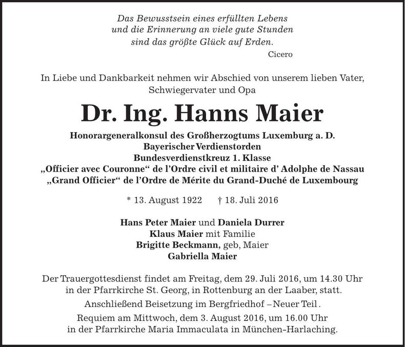 Traueranzeige Hanns Maier