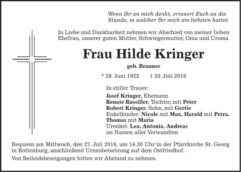 Traueranzeige Hilde Kringer