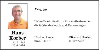 Traueranzeige Hans Korber