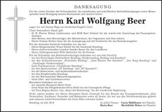 Traueranzeige Karl Wolfgang Beer