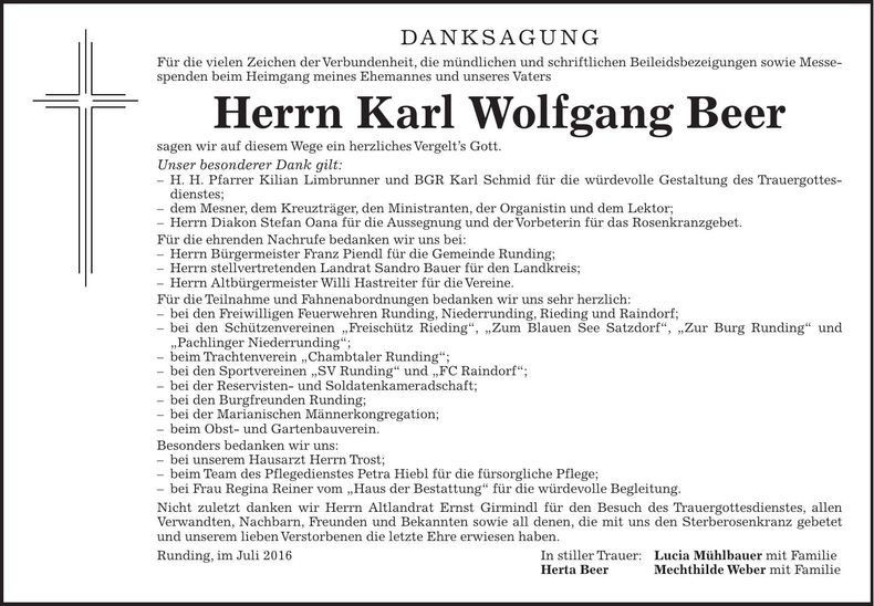 Traueranzeige Karl Wolfgang Beer