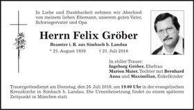 Traueranzeige Felix Gröber
