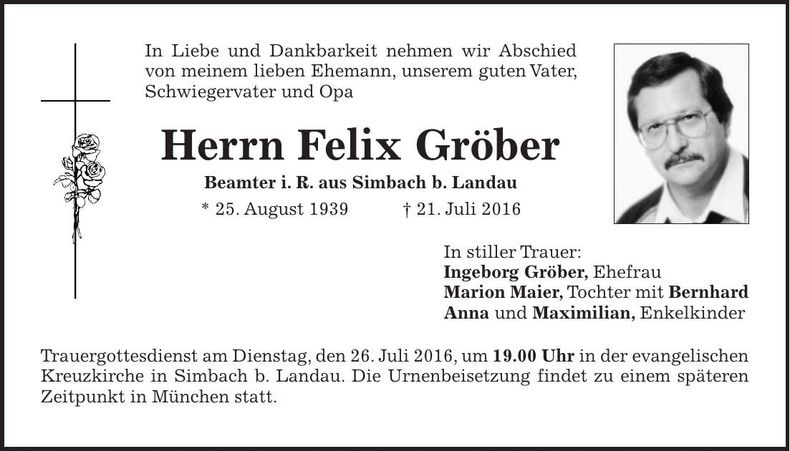 Traueranzeige Felix Gröber