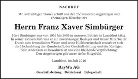 Traueranzeige Franz Xaver Simbürger