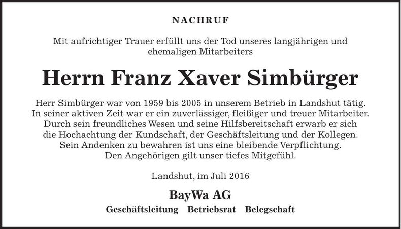 Traueranzeige Franz Xaver Simbürger