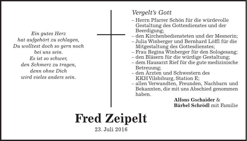 Traueranzeige Fred Zeipelt