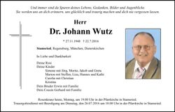 Traueranzeige Johann Dr. Wutz