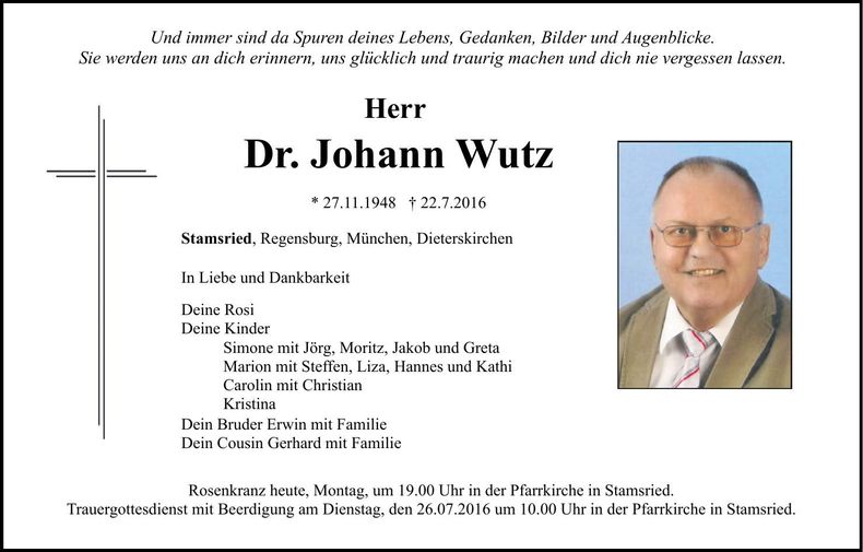 Traueranzeige Johann Dr. Wutz