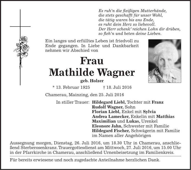 Traueranzeige Mathilde Wagner