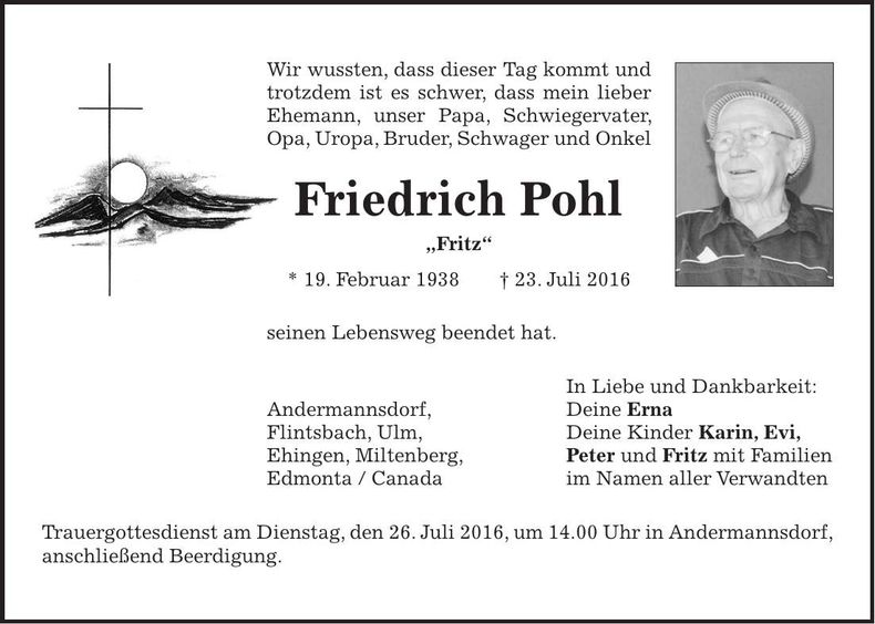 Traueranzeige Friedrich Pohl