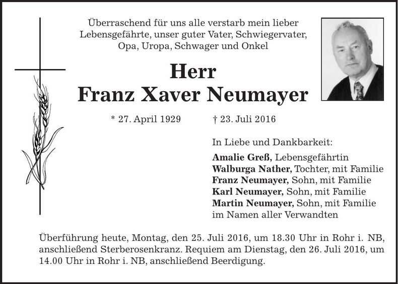 Traueranzeige Xaver Neumayer