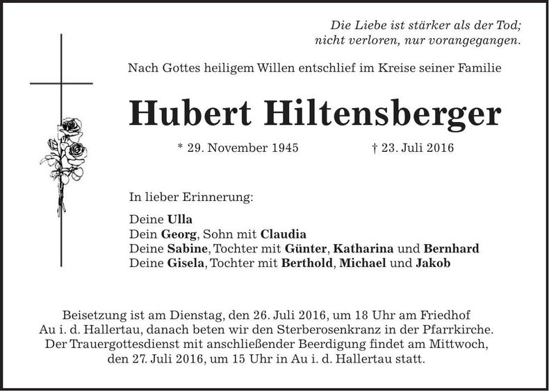 Traueranzeige Hubert Hiltensberger