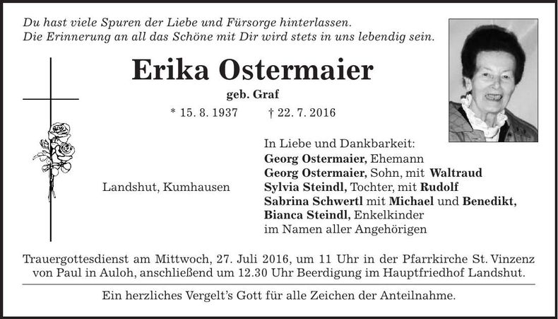 Traueranzeige Erika Ostermaier