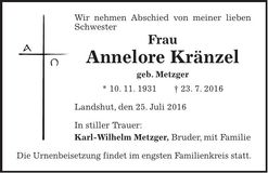 Traueranzeige Annelore Kränzel