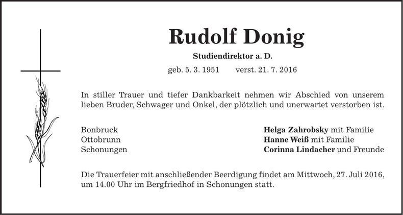 Traueranzeige Rudolf Donig