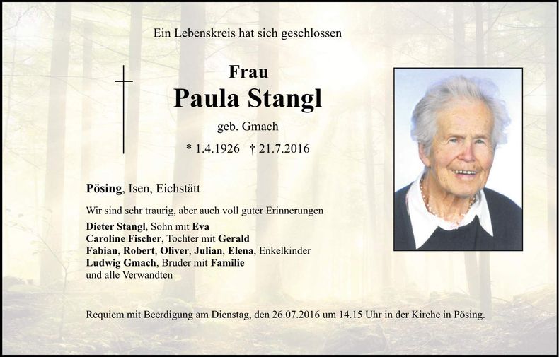 Traueranzeige Paula Stangl