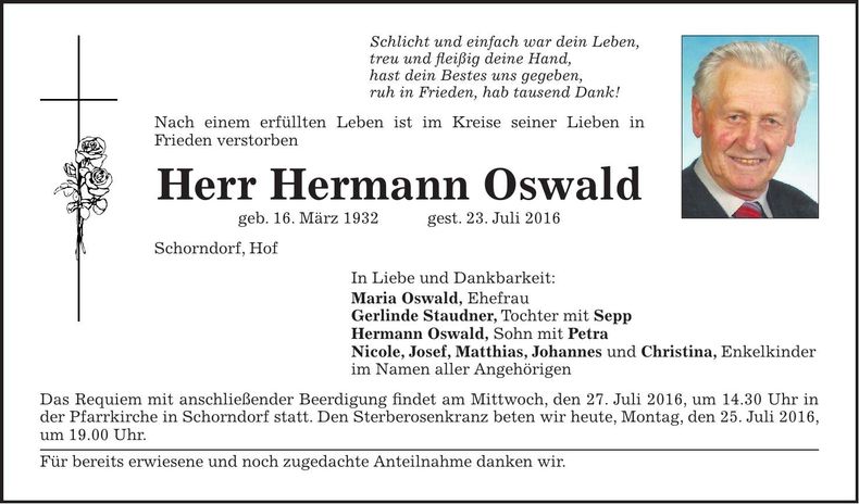 Traueranzeige Hermann Oswald