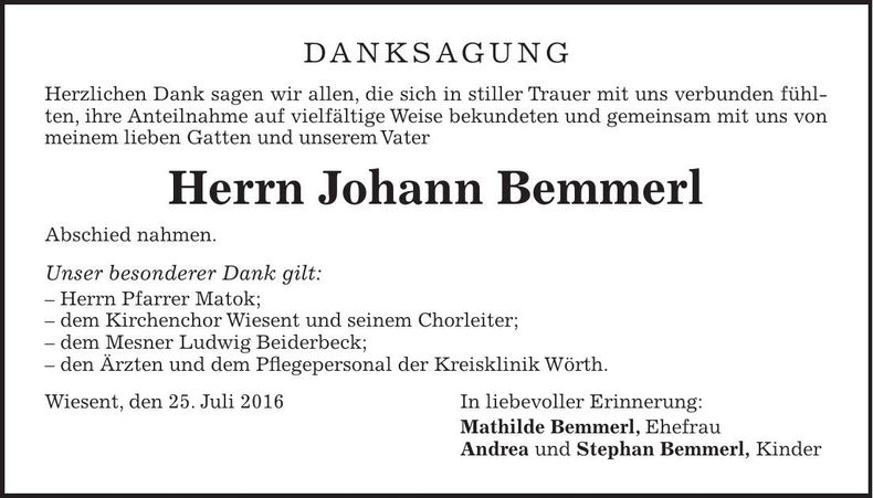 Traueranzeige Johann Bemmerl