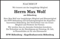 Traueranzeige Max Wolf