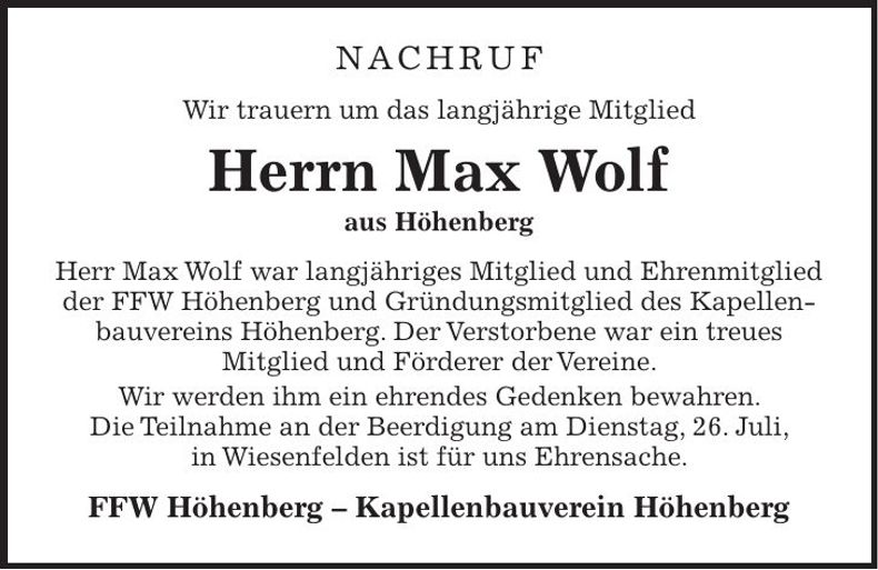 Traueranzeige Max Wolf
