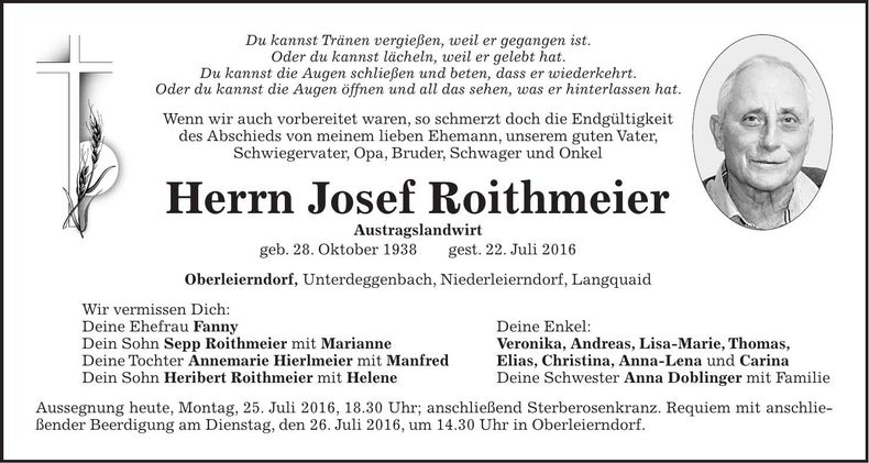 Traueranzeige Josef Roithmeier