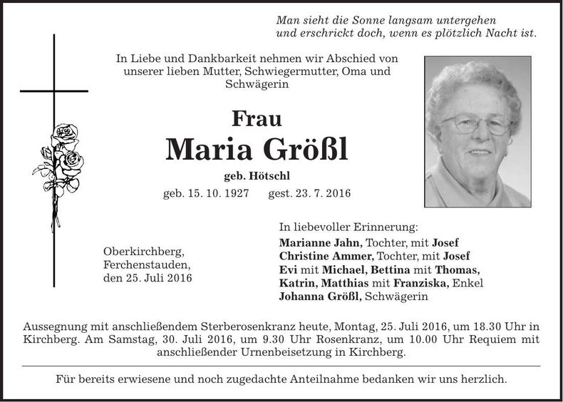 Traueranzeige Maria Größl
