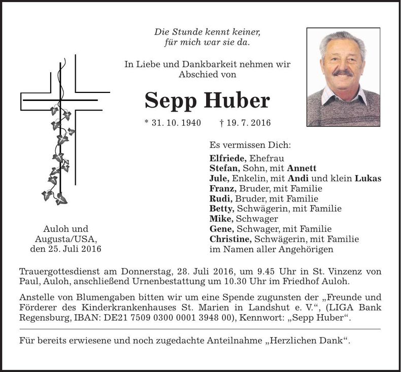 Traueranzeige Sepp Huber