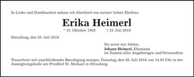 Traueranzeige Erika Heimerl