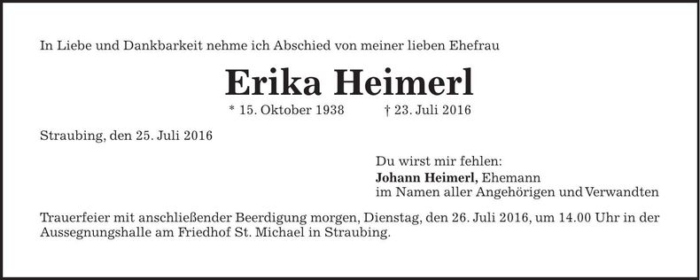 Traueranzeige Erika Heimerl